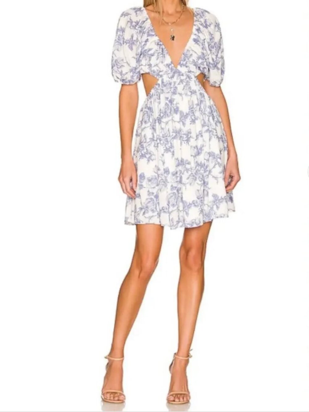 Bardot open back cut-out floral blue and white mini dress - US 4